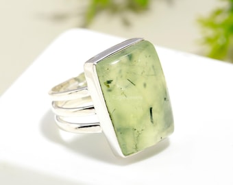 Anillo de plata de ley 925 con prehnita natural, joyería con gema verde