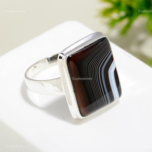Natural Black Agate Ring, Gemstone Ring, Black Statement Ring, 925 Sterling Silver Jewelry, Stacking Rings Gift For Cheese Lover, Protection