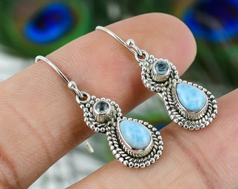 Handmade Larimar & Blue Topaz Earrings: 925 Sterling Silver