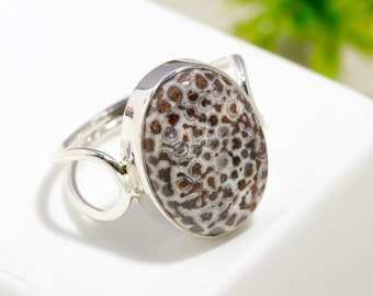 Seltener Korallen Edelstein Ring, Sterling Silber Schmuck