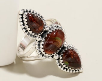 Fire Agate Three Stone Ring: Brown Gemstone, 925 Sterling Silver