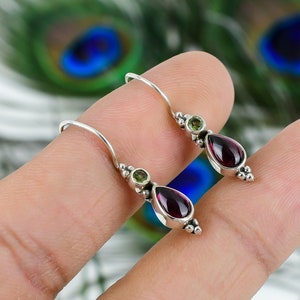 Handmade Garnet Peridot Dangle Earrings, 925 Sterling Silver