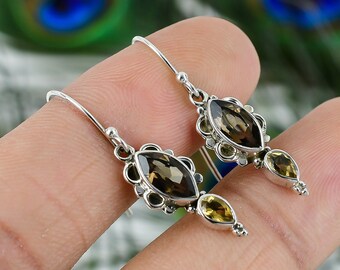 Handmade Sterling Silver Smoky Topaz & Citrine Teardrop Earrings