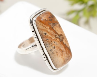 Picture Jasper Ring, 925 Sterling Silver, Brown Statement Jewelry