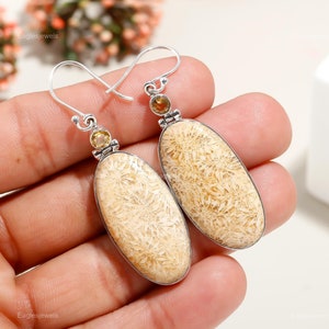 Seltene Fossilien Korallen Ohrringe, Edelstein Ohrringe, Gelbe Tropfen & Baumeln Ohrringe, 925 Sterling Silber Schmuck, Hochzeitsgeschenk, Ohrringe für Mutter