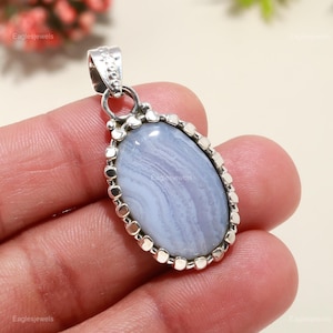 Valuable Blue Lace Agate Pendant, Gemstone Pendant, Blue Pendant, 925 Sterling Silver Jewelry, Wedding Anniversary Gift, Pendant For Her
