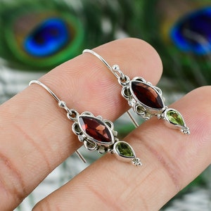 Red Garnet Hoops Earrings, Peridot Earring, Marquise Cut Gemstone Earring, Handmade Silver Earrings, 925 Sterling Silver, Two Stone Earrings