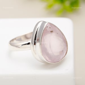 Natürlicher Rosenquarz Ring, 925 Massiv Sterling Silber, Rosa Edelstein Ring, Cabochon Schmuck, Heilstein Ring, Handgemachter Ring