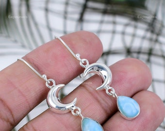 Preziosi orecchini Larimar, orecchini di pietre preziose, orecchini a goccia blu e pendenti, gioielli in argento sterling 925, regalo di compleanno, orecchini per sorella