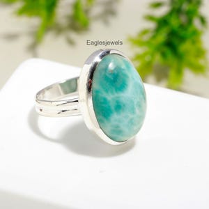 Larimar Ring, 925 Sterling Silver Ring, Oval Gemstone Ring, Healing Crystal Ring, Handmade Jewelry, Minimalist Ring, Dominican Larimar Ring