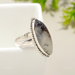 Anillo de ágata dendrítica marquesa: Joyería llamativa en plata de ley 925