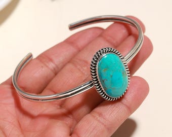 Turquoise Gemstone Bangle: Handmade 925 Sterling Silver Adjustable Bracelet