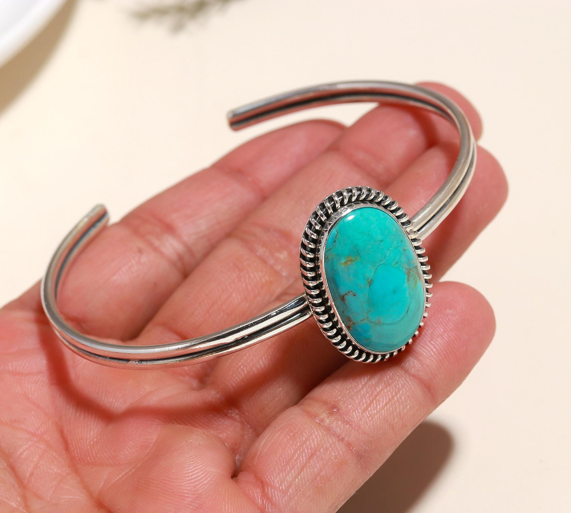 Turquoise Gemstone Bangle: Handmade 925 Sterling Silver Adjustable