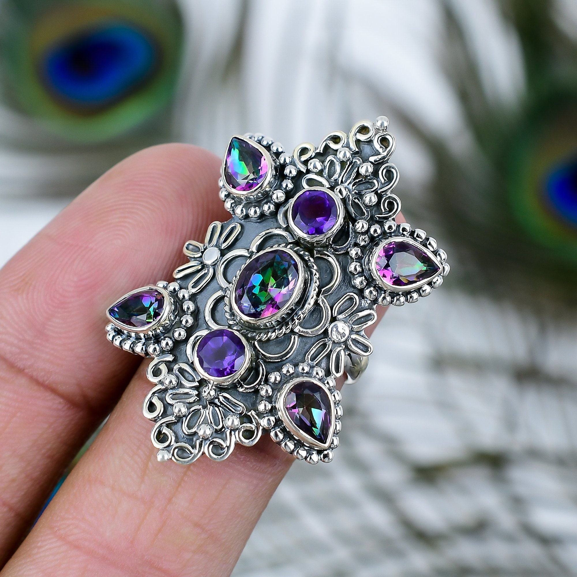 Anello Donna Argento Con Topazio Mistico Arcobaleno (fuoco) - US 8 - Naturale