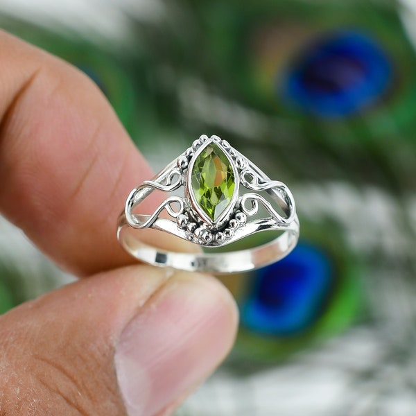 Natural Peridot Ring, Designer Dainty Ring, 925 Sterling Silver, Marquise Peridot Ring, August Birthstone Ring, Promise Ring, Birthday Gift~