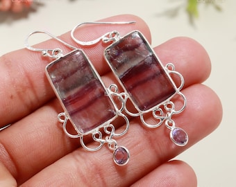 Rare Multi Fluorite Gemstone Earrings, Purple Drop & Dangle Earrings, 925 Sterling Silver Jewelry, Birthday Gift, Earrings For Mother