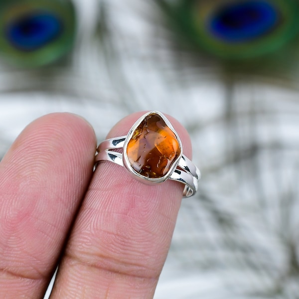 Natural Baltic Amber Silver Ring - 925 Sterling Silver - Handmade Jewelry - Split Shank Ring - Statement Ring - Birthstone Jewelry Gift~~