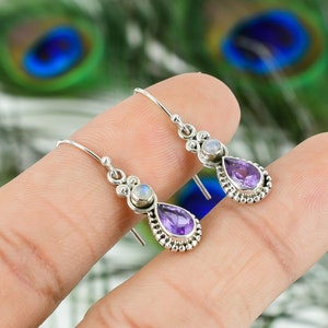 Natural Amethyst Earrings, 925 Sterling Silver Earrings, Two Stone Earrings, Dangle Drop Earrings, Handmade Earring, Anniversary Gift