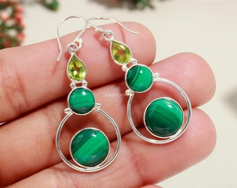 Malachite Drop Earrings: 925 Silver Plated, Green Gemstone Jewelry