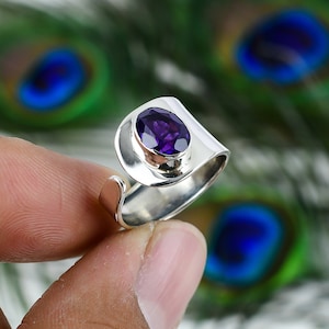 Natural Amethyst Ring, 925 Sterling Silver Jewelry, Purple Amethyst Ring, Adjustable Wide Band Ring, Statement Dainty Ring, Gift For Mom