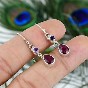 Kashmir Red Ruby Gemstone Earring, 925 Silver Earring, Handmade Earring, Sterling Earring Drop Amethyst  Women Dangle Earring, Gift For Her