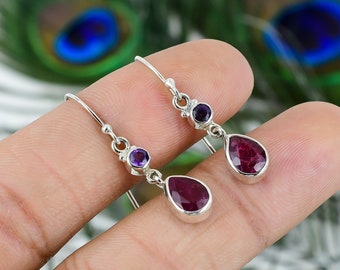 Kashmir Red Ruby Gemstone Earring, 925 Silver Earring, Handmade Earring, Sterling Earring Drop Amethyst  Women Dangle Earring, Gift For Her