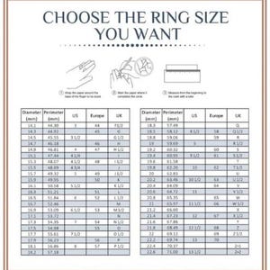 May include: A chart showing ring sizes in millimeters, US sizes, European sizes, and UK sizes. The chart includes the diameter and perimeter of the ring in millimeters. The chart is a helpful tool for determining the correct ring size.