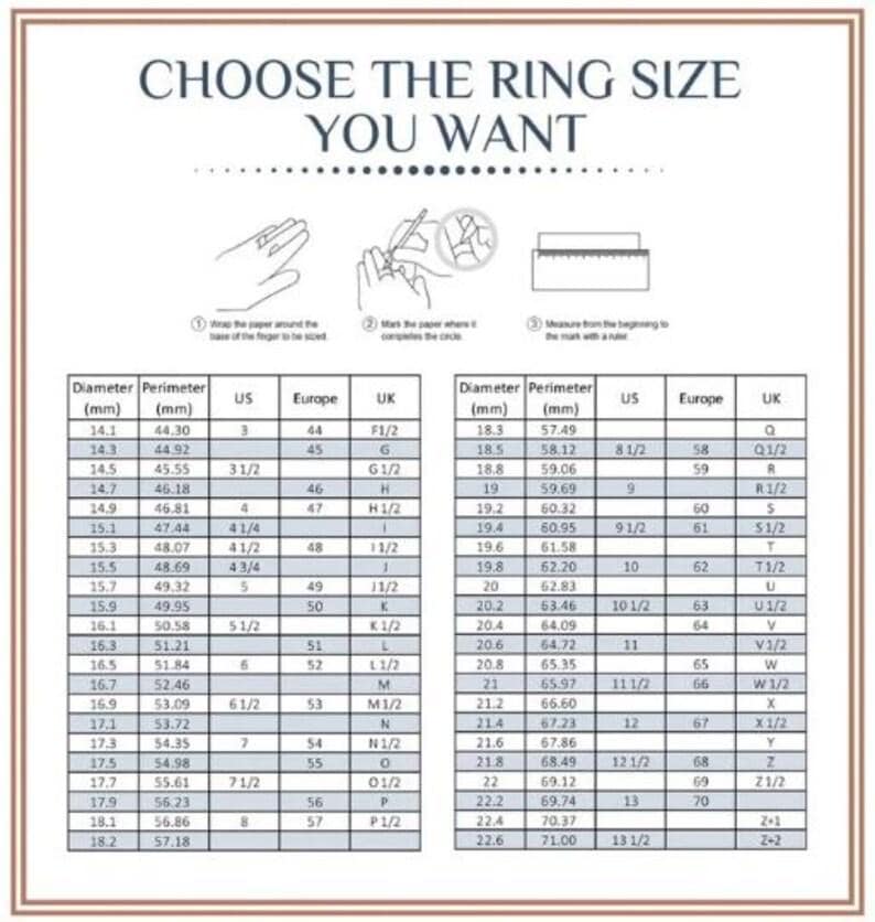 May include: A chart showing ring sizes in millimeters, US sizes, European sizes, and UK sizes. The chart includes the diameter and perimeter of the ring in millimeters. The chart is a helpful tool for determining the correct ring size.