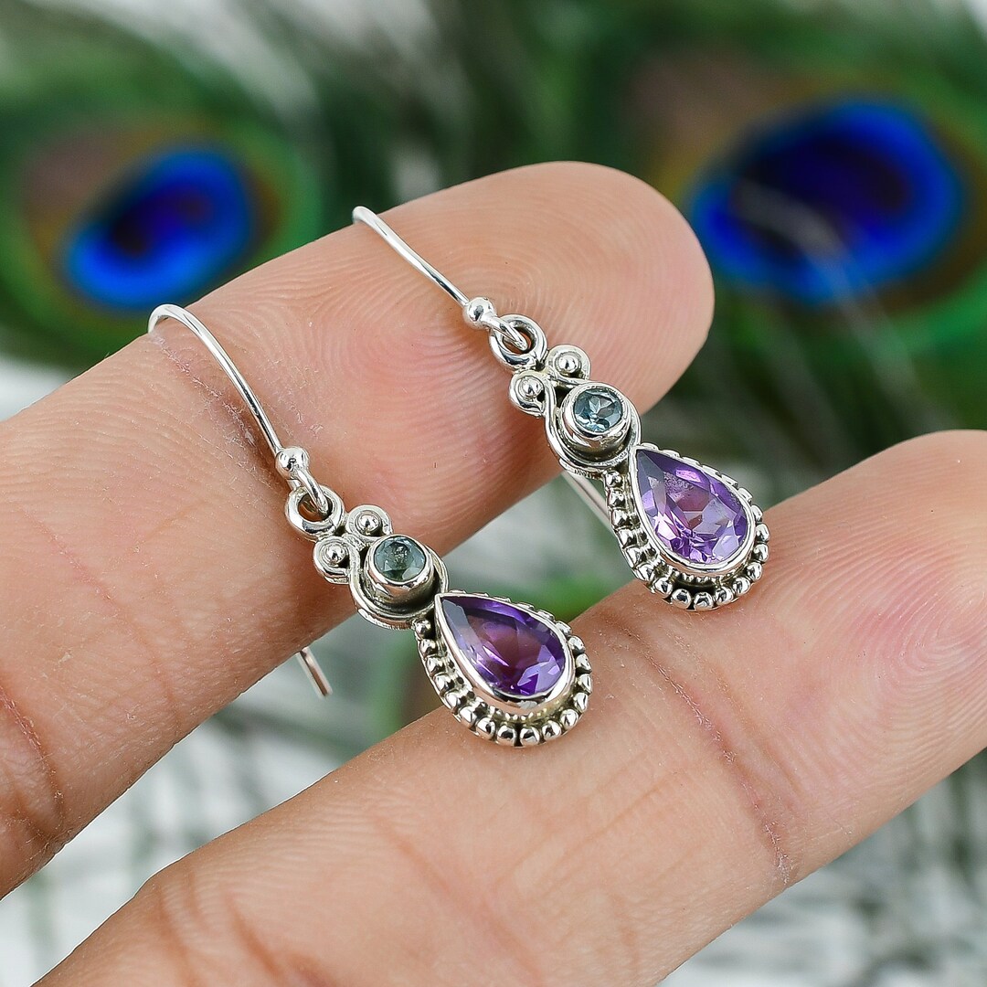 Genuine Amethyst Earrings in Sterling Silver 925, Purple Stone Teardrop Earrings, Amethyst