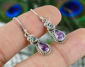 Genuine Amethyst Earrings in Sterling Silver 925, Purple Stone Teardrop Earrings, Amethyst Jewelry, Two Stone Earrings, Blue Topaz Earrings