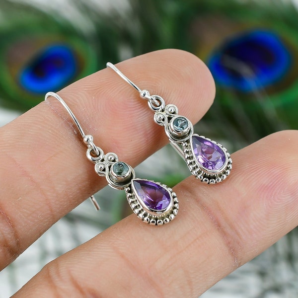 Genuine Amethyst Earrings in Sterling Silver 925, Purple Stone Teardrop Earrings, Amethyst Jewelry, Two Stone Earrings, Blue Topaz Earrings