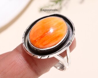 Seltener Orange Koralle Ring: Sterling Silber Statement Schmuck