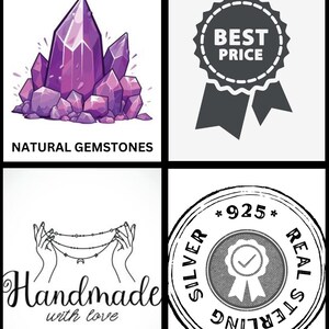 May include: A purple crystal gemstone cluster with the text "NATURAL GEMSTONES" below. A gray best price badge with a ribbon. A black and white illustration of hands holding a silver chain with the text "Handmade with love". A black and white stamp with the text "SILVER 925 REAL STERLING" and a checkmark inside.