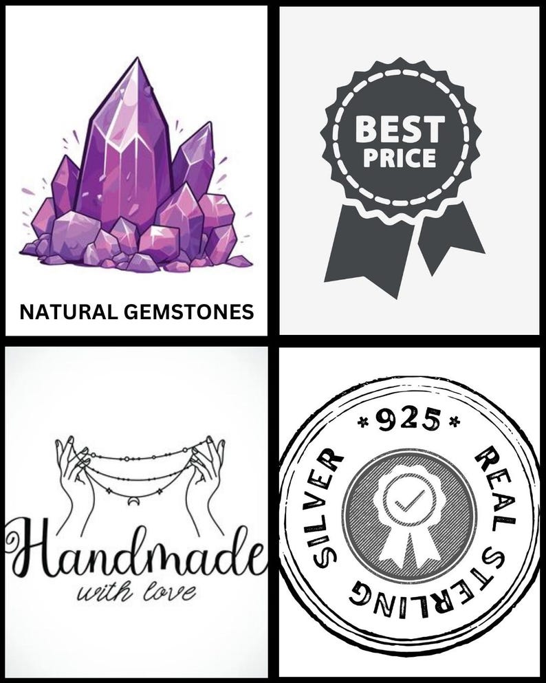 May include: A purple crystal gemstone cluster with the text "NATURAL GEMSTONES" below. A gray best price badge with a ribbon. A black and white illustration of hands holding a silver chain with the text "Handmade with love". A black and white stamp with the text "SILVER 925 REAL STERLING" and a checkmark inside.