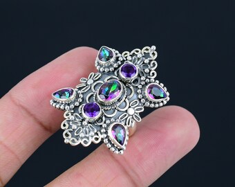 Anello Donna Argento Con Topazio Mistico Arcobaleno (fuoco) - US 8 - Naturale