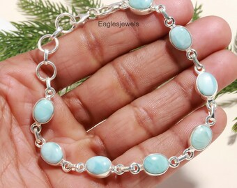 Larimar Bracelet: 925 Sterling Silver Chain, Blue Gemstone Jewelry