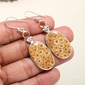 Fossil Coral Sterling Silver Earrings: Yellow Citrine Dangle Jewelry