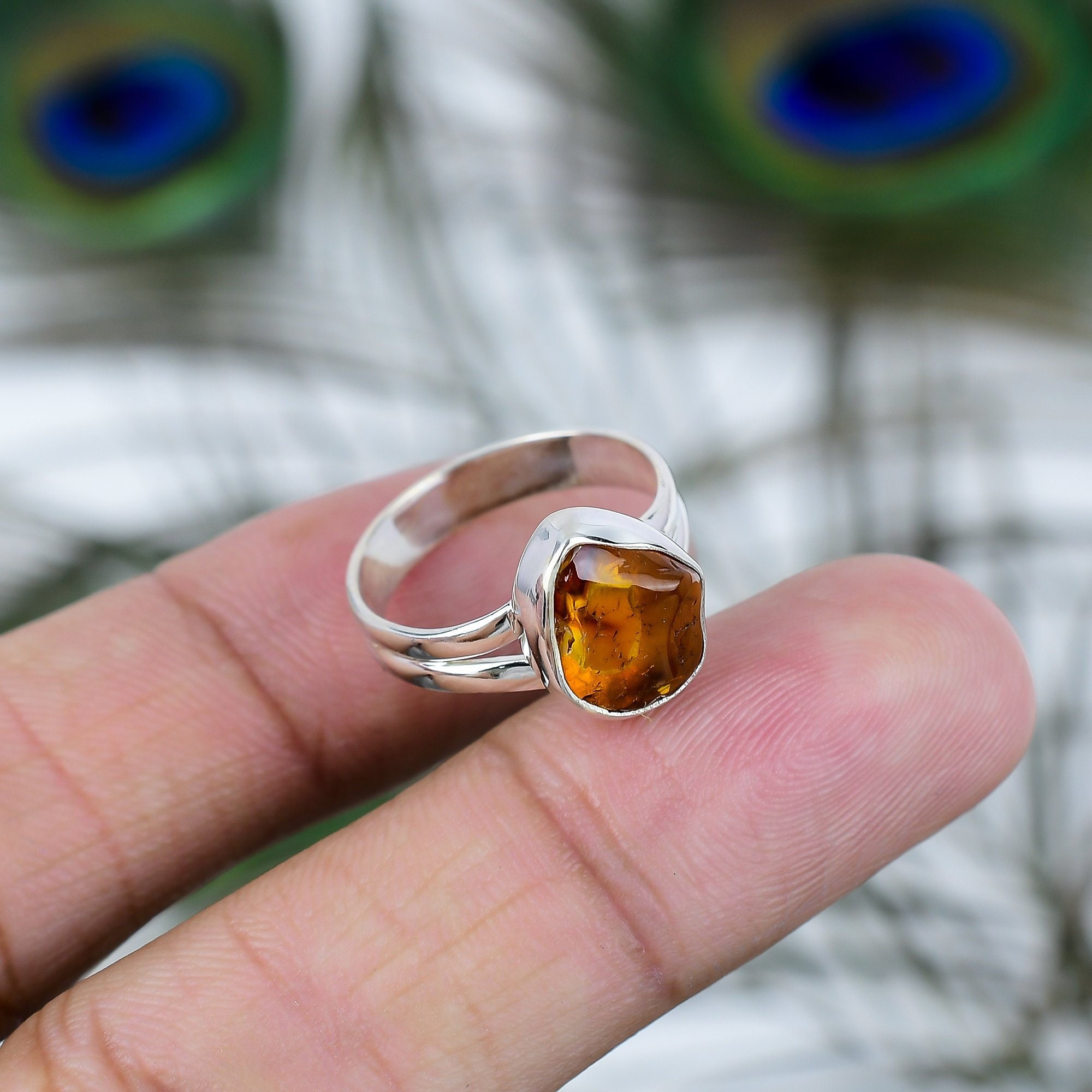 Sterling Silver Flower Ring With Baltic Amber Crystal – Handcrafted Amber Jewelry From Europe