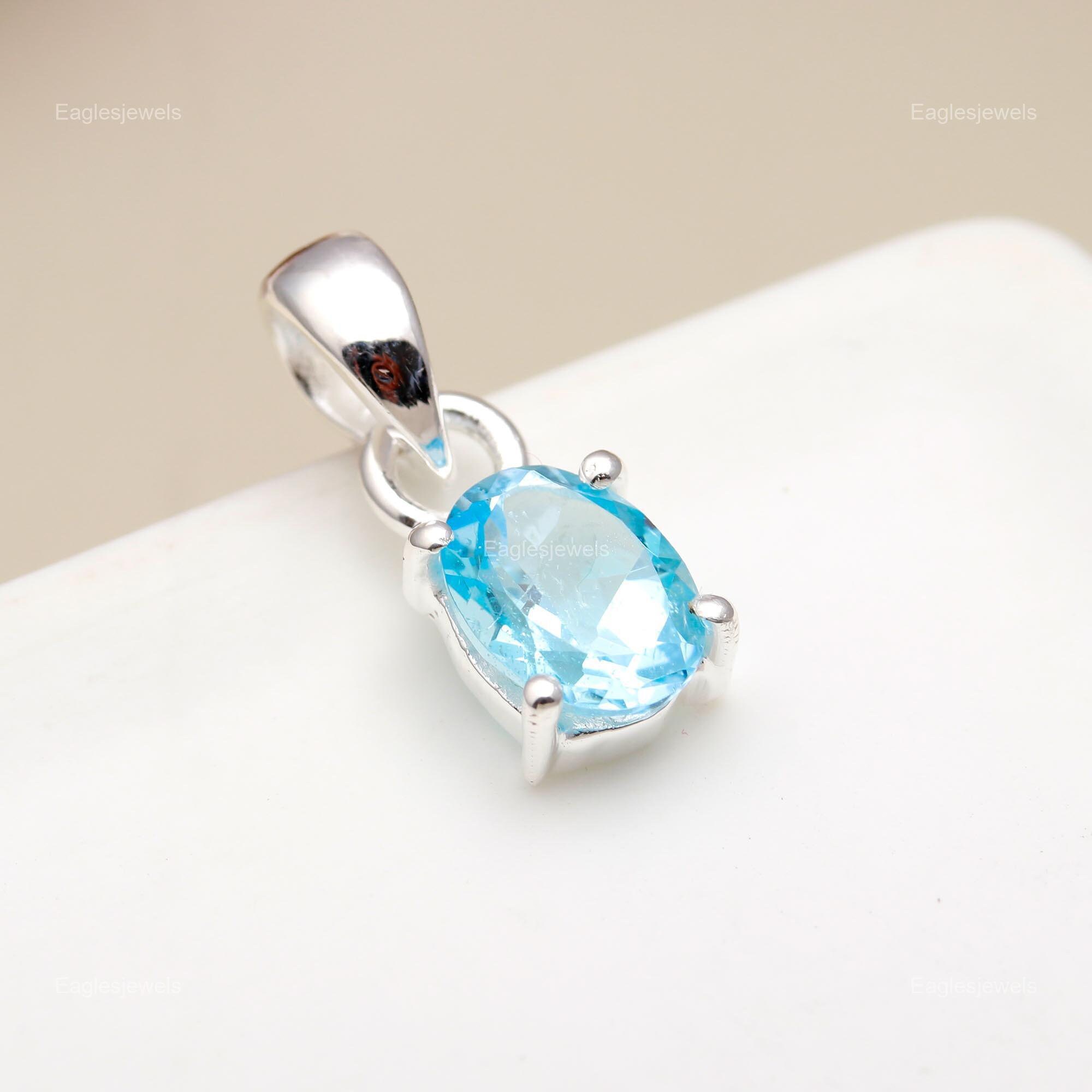 Pendentif En Argent Sterling 925 Avec Topaze Bleue – Fait Main – Sans Chaîne – Neuf