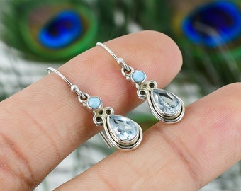 Boucles D'oreilles Argent, Topaze Bleue, Rhodonite Et Larimar - Neuf Sans Emballage