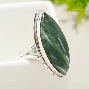 Anillo de serafinita natural: gema verde, plata de ley 925