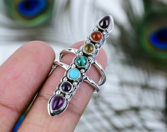 Seven Chakra Ring - 925 Sterling Silver Ring - Malachite,Amethyst And More Multi Stone Ring - Healing Ring-Meditation Ring-yoga accessories~