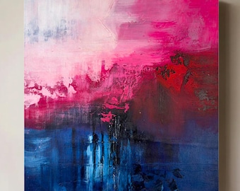 May include: Abstract painting with a vibrant color palette. The artwork features a blend of pink, red, and blue hues, creating a dynamic and textured composition. The painting is mounted on a wall, adding a modern touch to the interior decor.