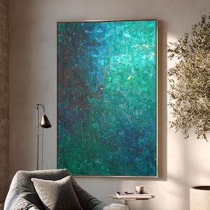 Teal Blue Abstract Original Painting, Textured Modern Canvas Art with Gold Frame for Living Room, Large Contemporary Wall Art