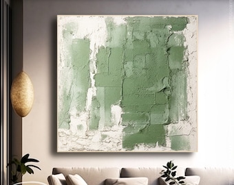 May include: Abstract painting on canvas with a green and white color scheme. The painting has a textured surface and is unframed.