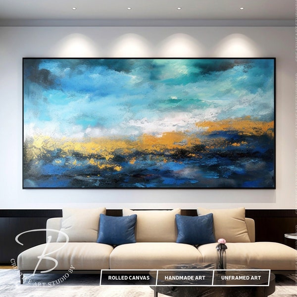 Unique Original Blue & Gold Painting On Canvas, Fancy Golden Waves Artwork For Room, Modern Contemporary Art For Home, Gift For Him