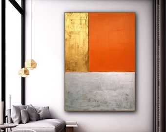 Hand-Painted Orange & Gold Texture Wall Art, Minimalist Painting On Canvas, Extra Large Painting For Living Room, Unique Rolled Art