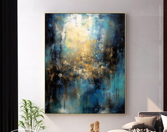 Large Original Artwork Blue Gold White, Ideal For Home & Office Decor, Unique Golden Canvas Painting On Canvas, Rolled And Unframed Art