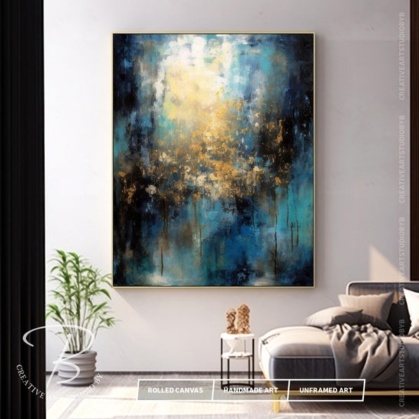 Large Original Artwork Blue Gold White, Ideal For Home & Office Decor, Unique Golden Canvas Painting On Canvas, Rolled And Unframed Art