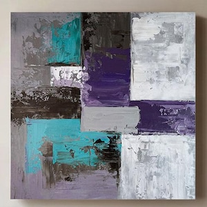 Arte mural abstracto en morado y verde azulado, pintura geométrica moderna, lienzo texturizado, decoración contemporánea para el hogar, sala de estar, oficina.